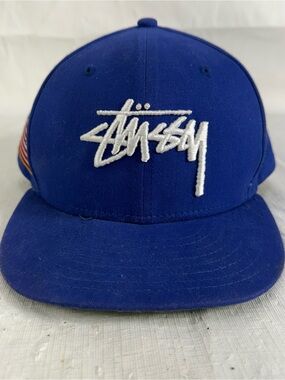 Stussy X New Era Men's Blue Hat Cap Embroidered Logo Size 7 3/4 American Flag